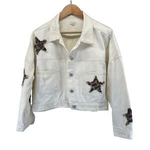 POL Womens Cropped Ivory Denim Jacket Sz L Leopard Star Distressed Boutique Boho